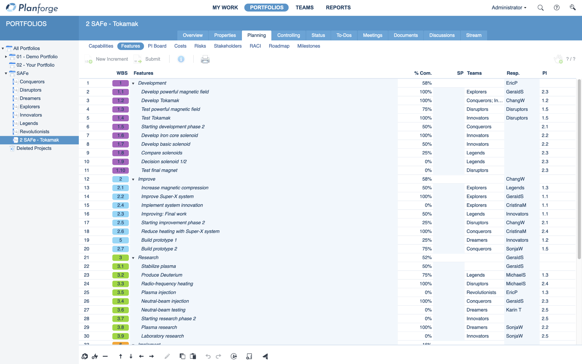 SAFe Features in Planforge