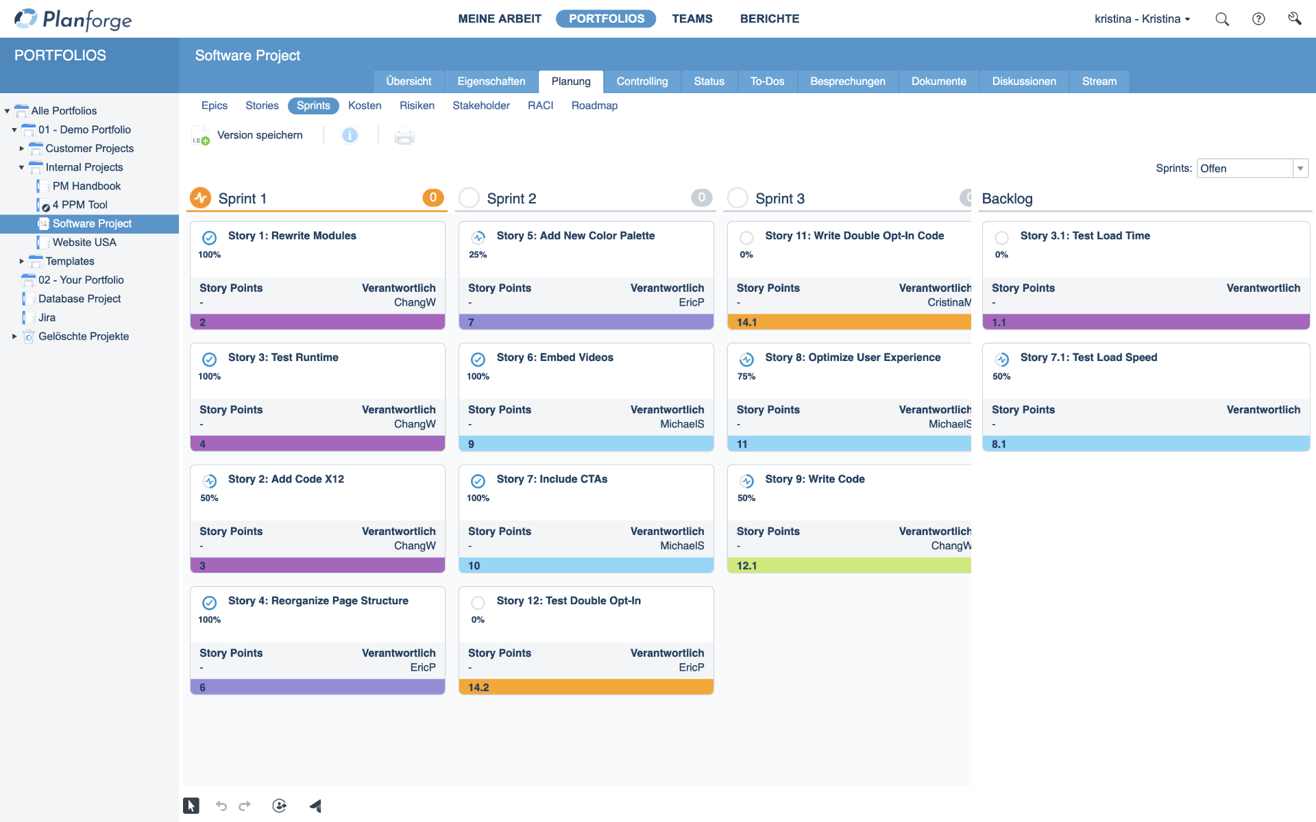 Inkrement Sprintplanung im Projektmanagement Software von Planforge