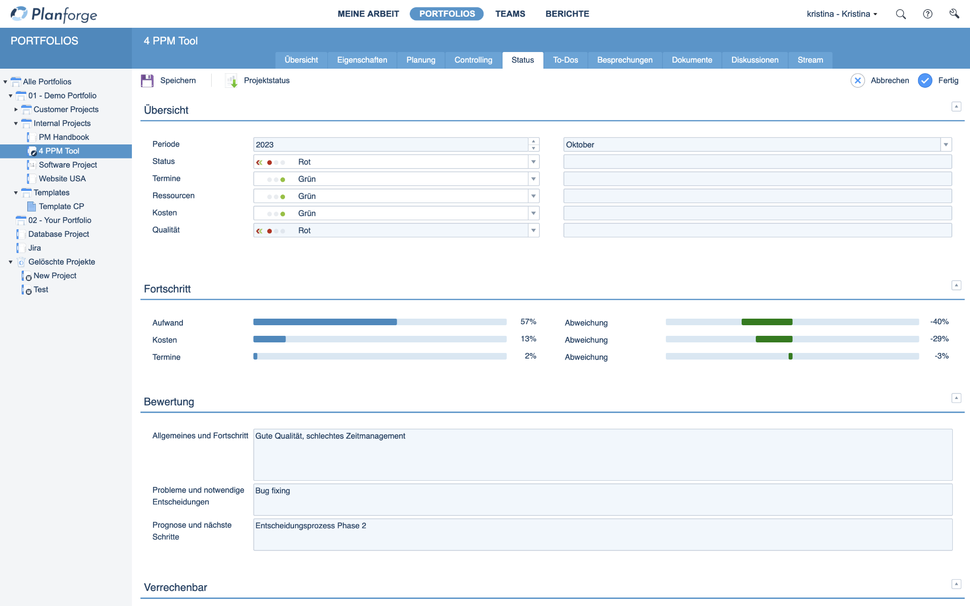 Projektmanagement Klassisches Projekt Statusbericht Software von Planforge